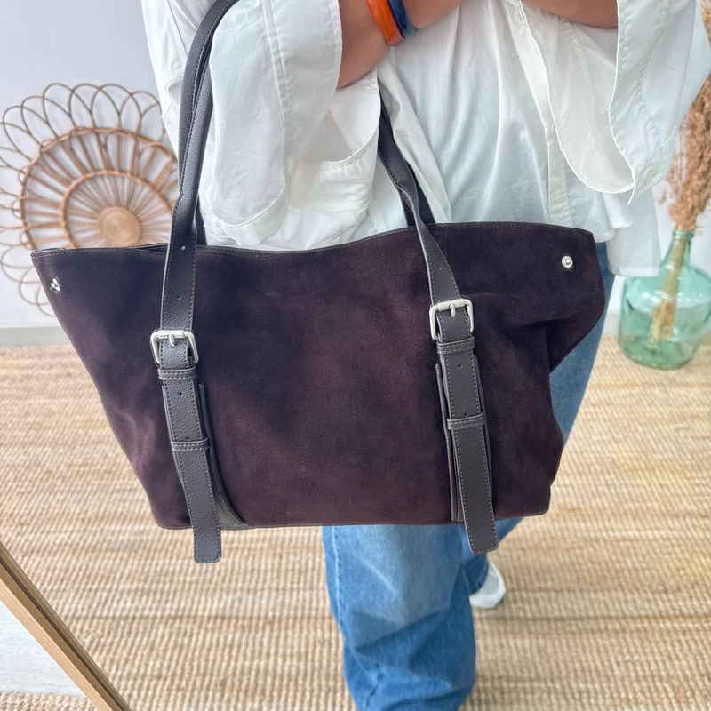 Bolso Shopper hebillas serraje y piel marrón chocolate