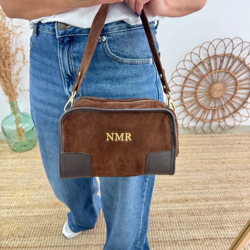 Bolso baúl serraje marrón claro y piel marrón