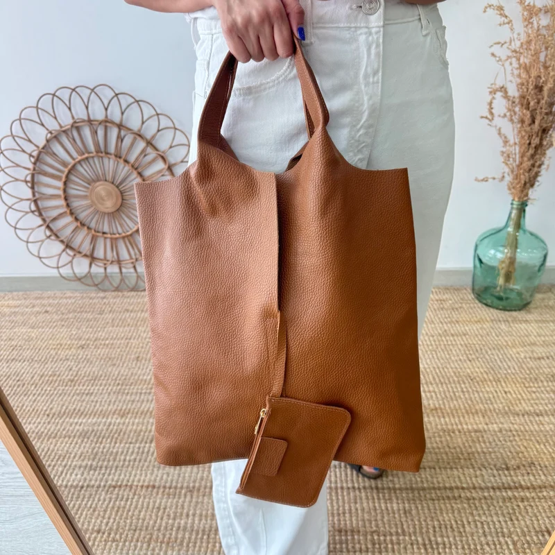 Bolso Tote piel camel con monedero