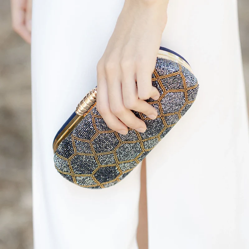 Bolso Ovalado Lennox Azul Metalizado y Dorado