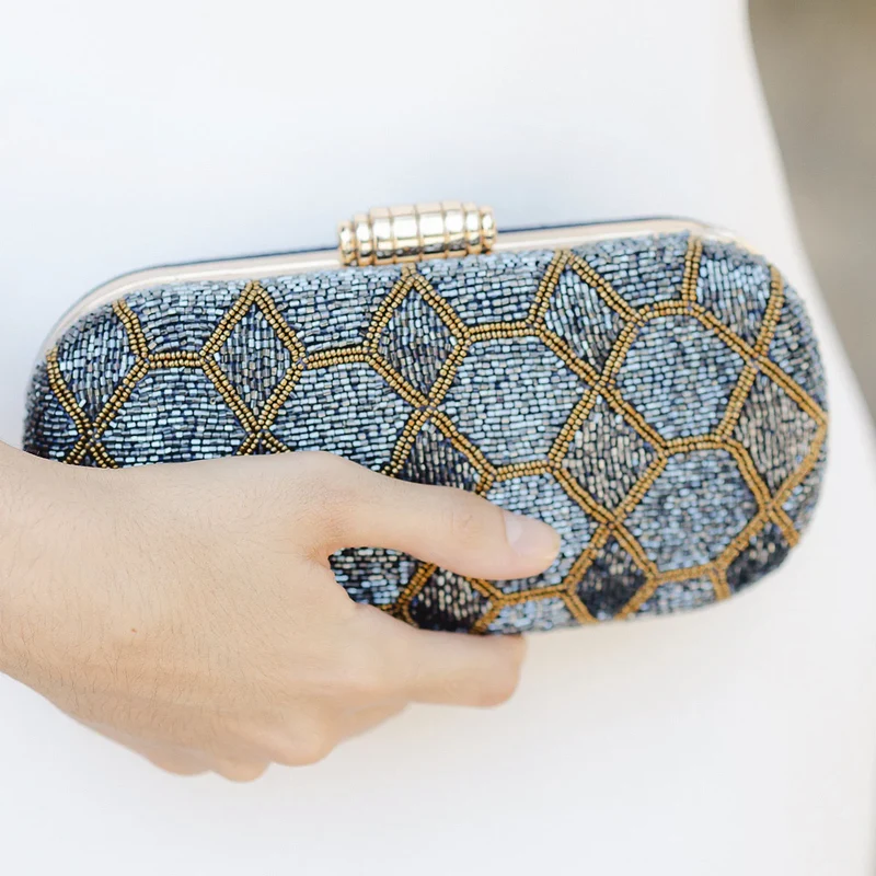 Bolso Ovalado Lennox Azul Metalizado y Dorado