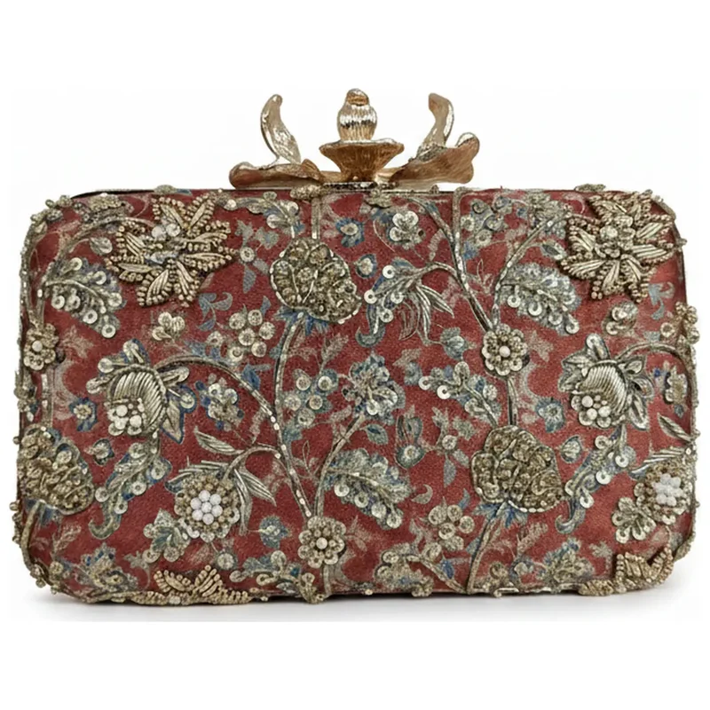 Bolso Flor Garra Ramillete Burdeos y Dorado