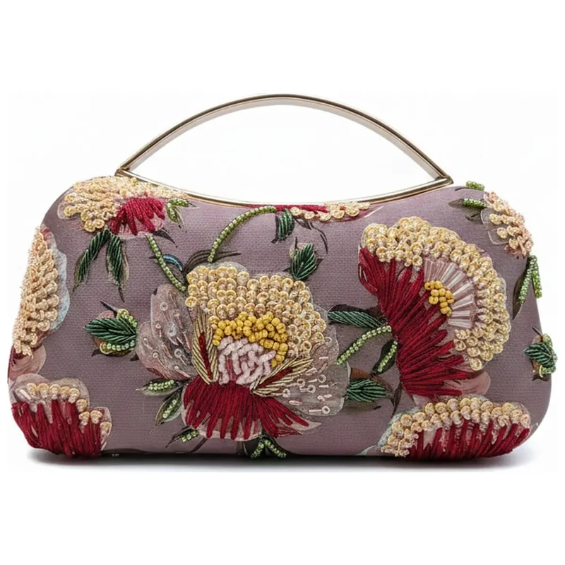 Bolso Curva Asa Brocado Rosas, Burdeos y Verde