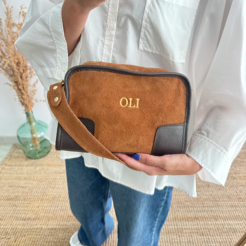 Bolso baúl serraje camel y piel marrón