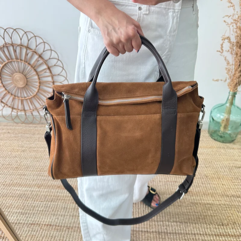 Bolso combinado serraje Camel y piel marrón