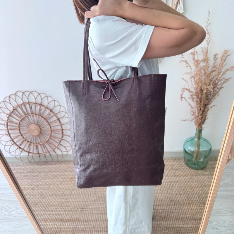 Bolso grande piel granate personalizado iniciales bordadas