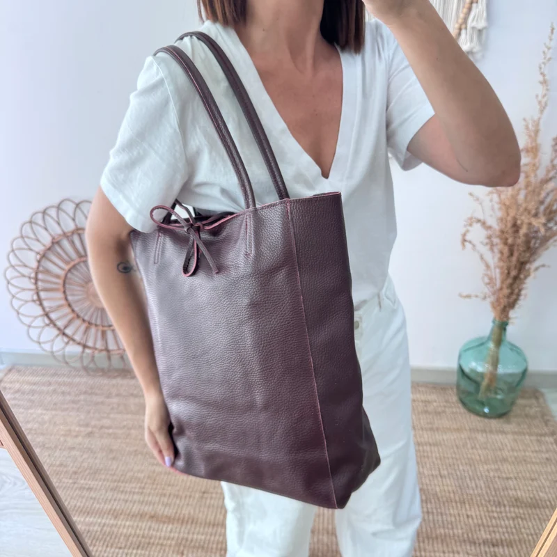 Bolso grande piel granate personalizado iniciales bordadas