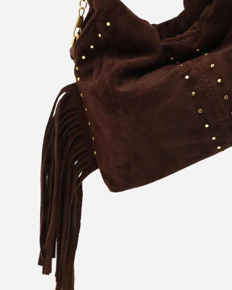 Seysy bolso de fiesta mini efecto ante con flecos y detalles metálicos e bandolera extraíble