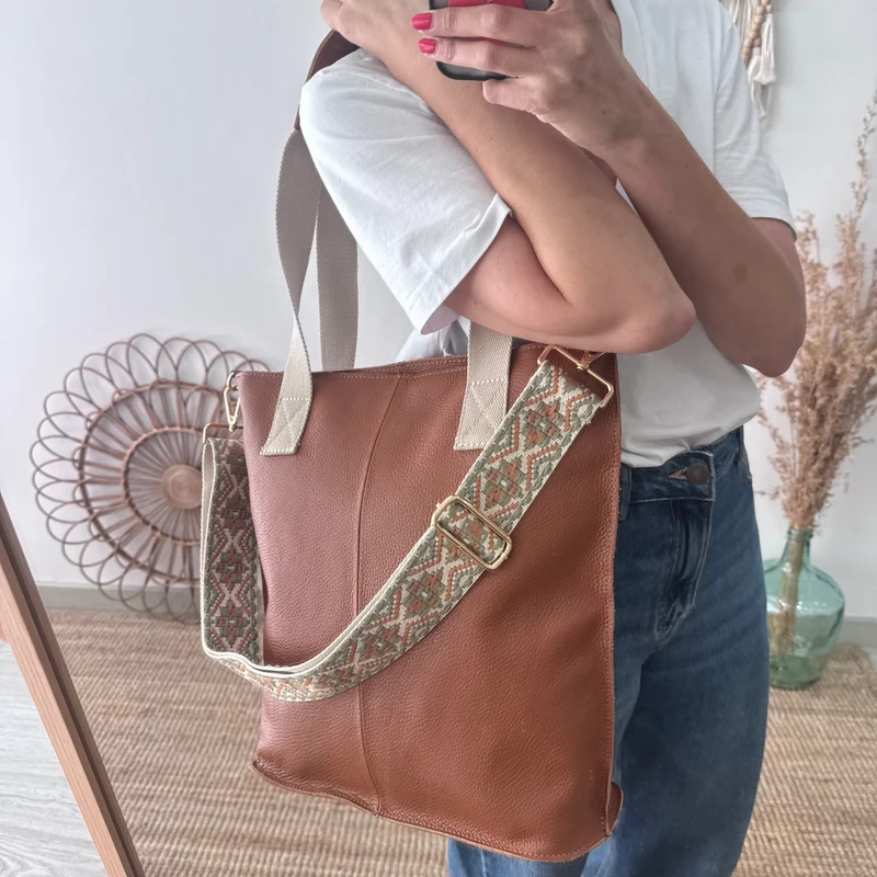 Bolso tote camel piel combinado asas