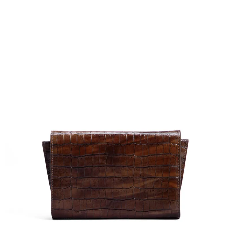 Isabel Bernard Honoré Lina Croco Bruine Clutch Met Afneembare Schouderketting IB21135-230
