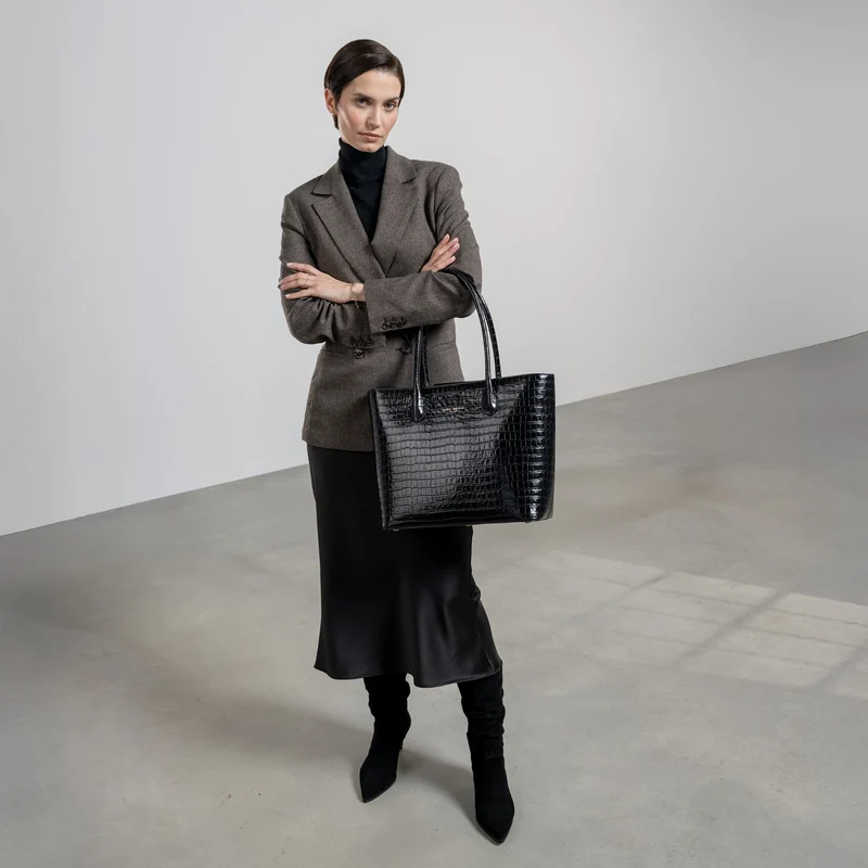 Isabel Bernard Honoré Lysanne Croco Zwarte Kalfsleren Shopper IB25024