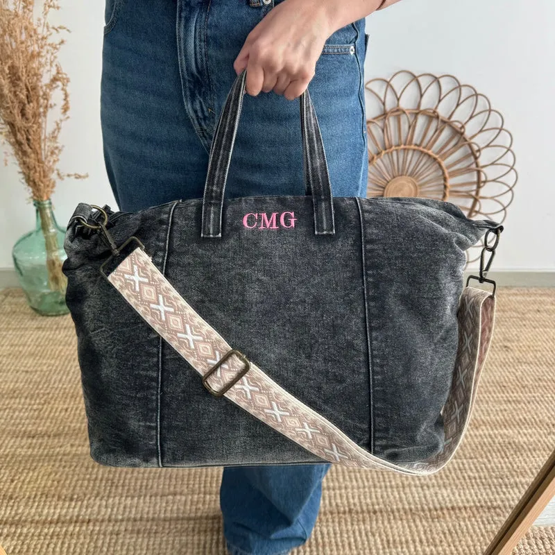 Bolsa denim ovalada negro iniciales bordadas