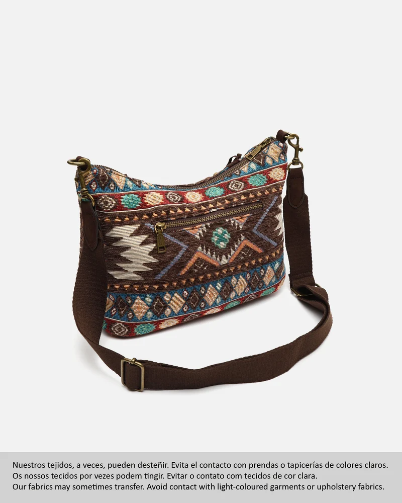 Vana bolso bandolera jacquard con flecos y detalles metálicos