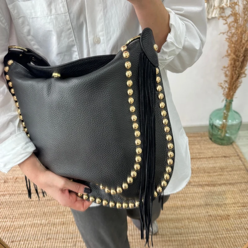 Bolso Hobo tachuelas y Flecos en Piel negro