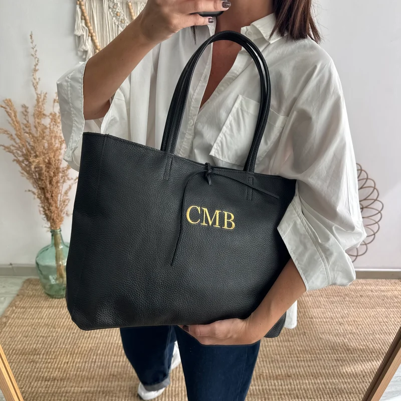 Shopper grande piel negro cremallera personalizado iniciales bordadas