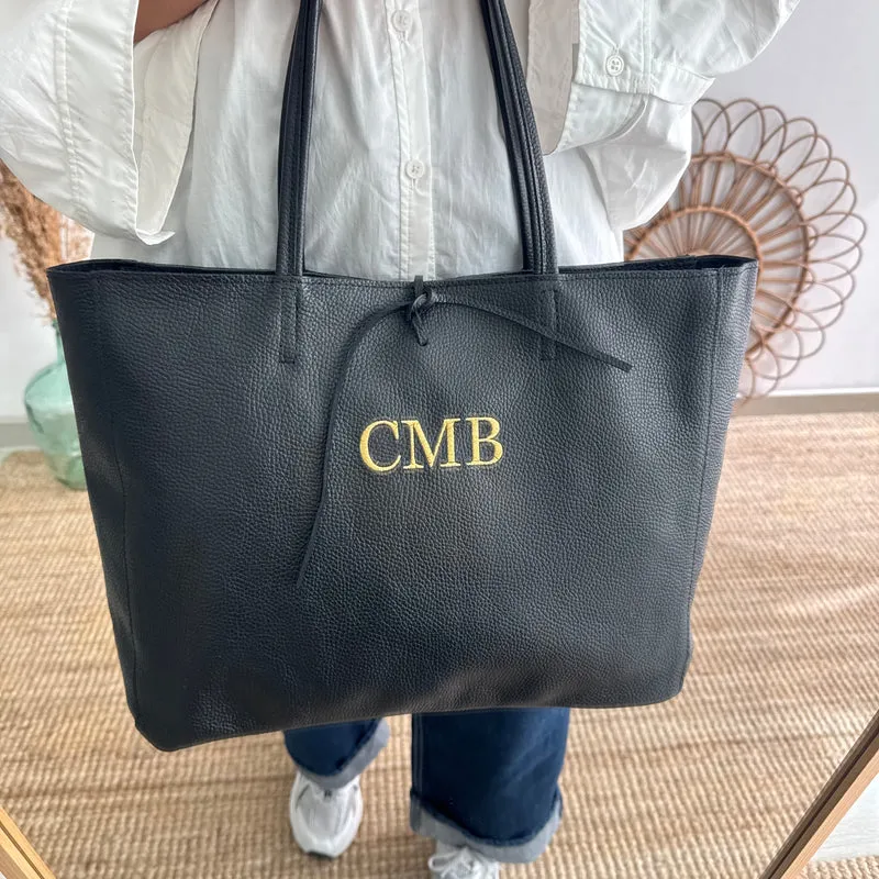 Shopper grande piel negro cremallera personalizado iniciales bordadas