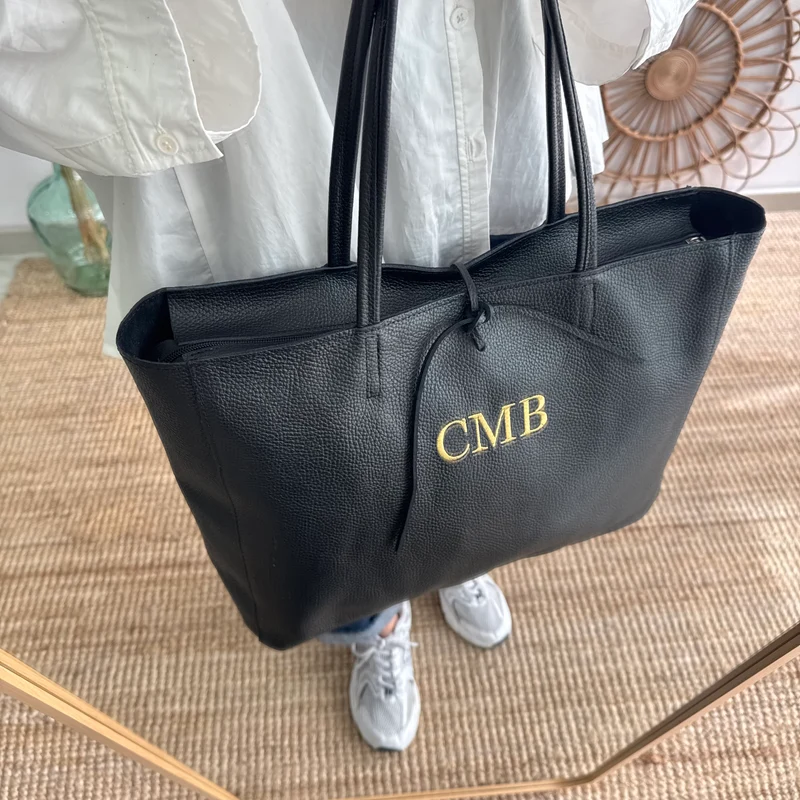 Shopper grande piel negro cremallera personalizado iniciales bordadas