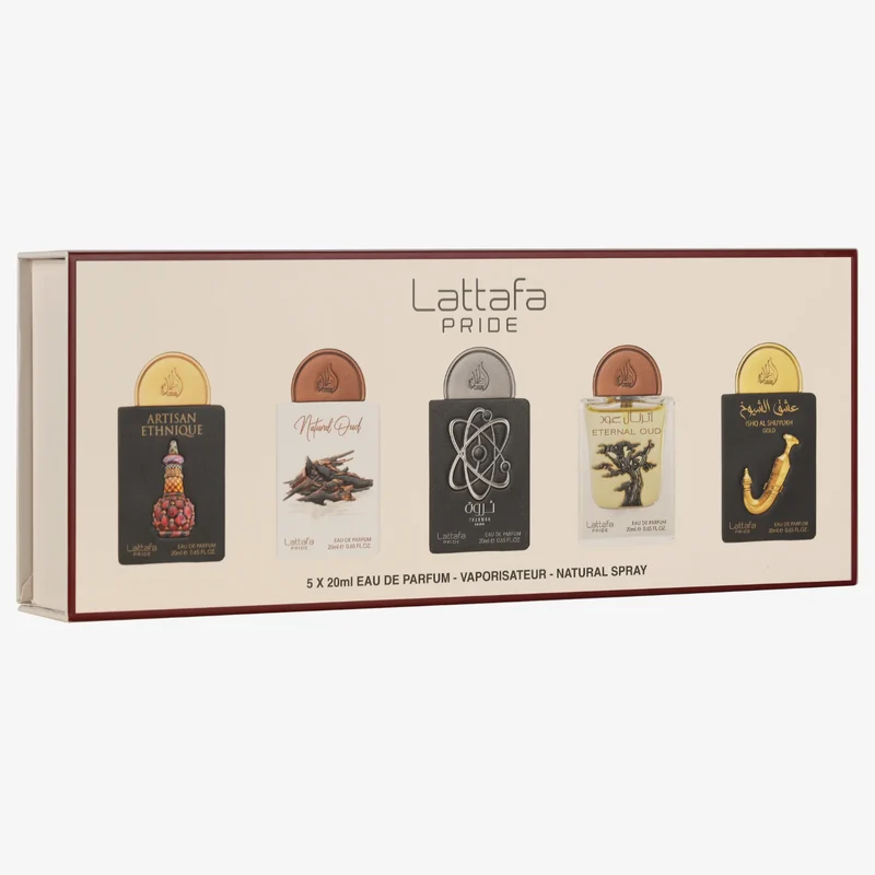 Lattafa Pride Gift Set 5 x 20 ML EDP Artisan Ethnique + Natural Oud + Tharwah Silver + Eternal Oud + Ishq al Shuyukh Gold