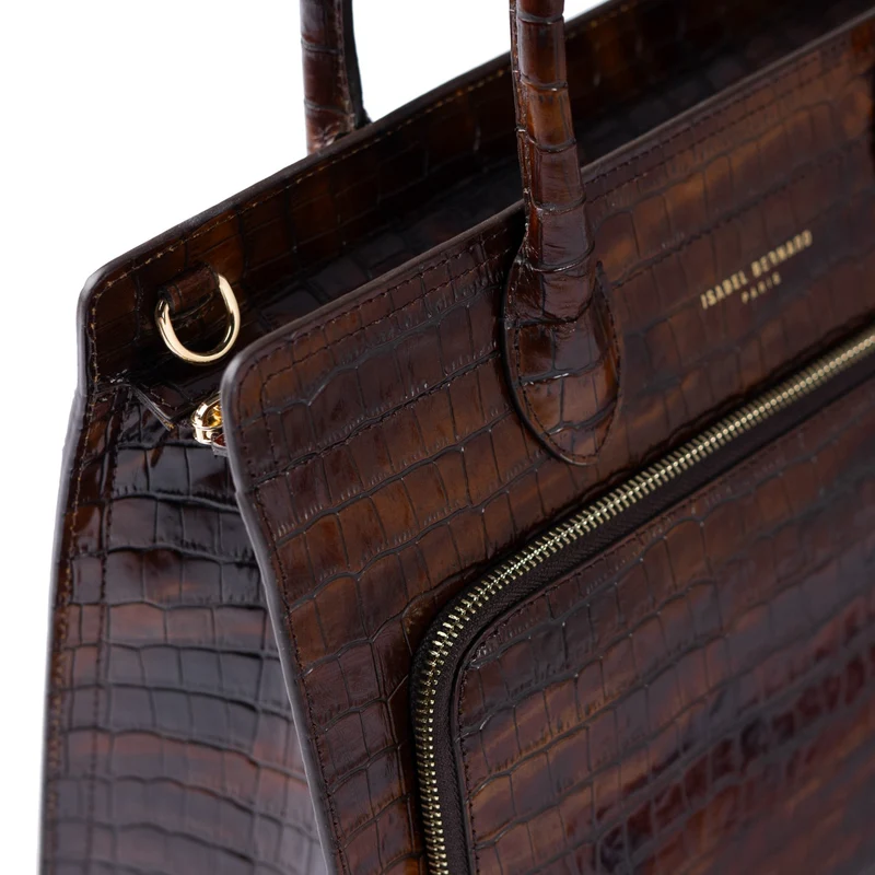 Isabel Bernard Honoré Nadine croco bruine kalfsleren handtas met 13 inch laptopvak IB25110-230-13
