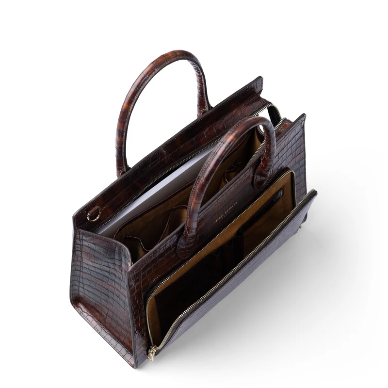 Isabel Bernard Honoré Nadine croco bruine kalfsleren handtas met 13 inch laptopvak IB25110-230-13