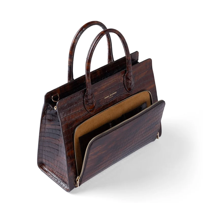 Isabel Bernard Honoré Nadine croco bruine kalfsleren handtas met 13 inch laptopvak IB25110-230-13