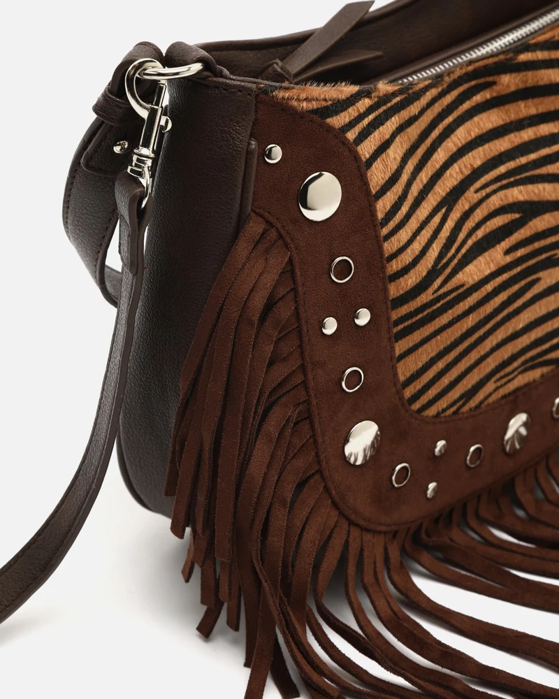Catrina-1 bolso de hombro animal print con asa bandolera extraíble con detalles metálicos y flecos