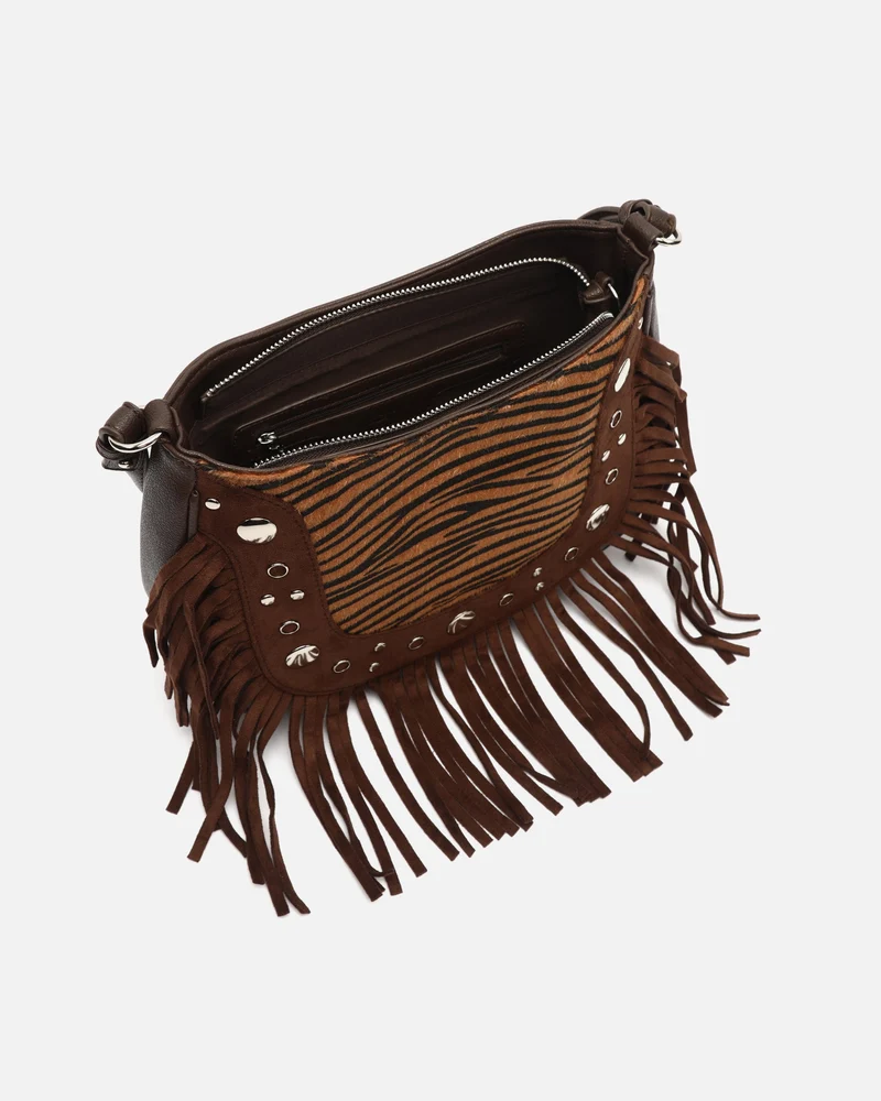 Catrina-1 bolso de hombro animal print con asa bandolera extraíble con detalles metálicos y flecos