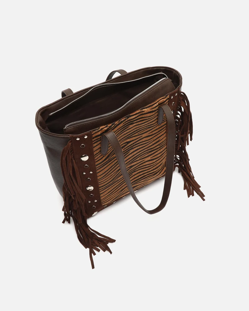 Catrinas-1 bolso shopper grande animal print con detalles metálicos y flecos
