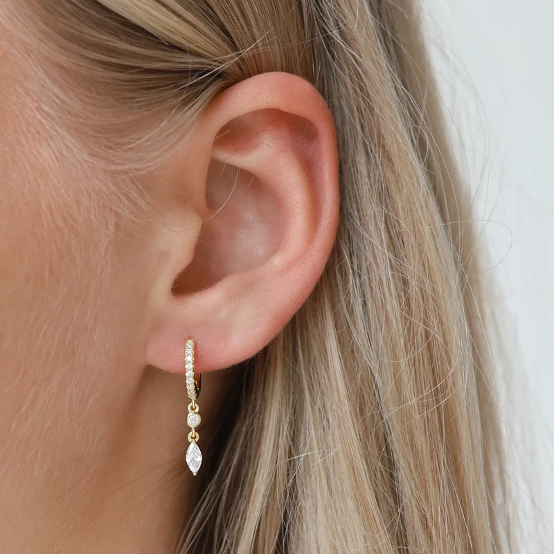 Karma 925 Sterling Silver Gold-coloured Zirconia Hanging Hoop Earrings A68GP