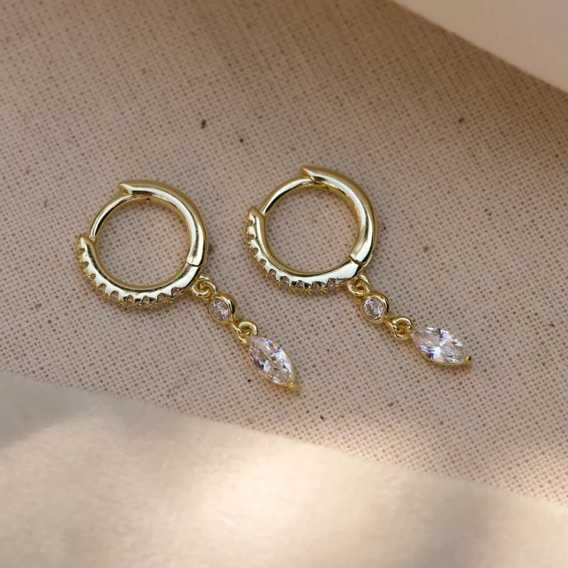 Karma 925 Sterling Silver Gold-coloured Zirconia Hanging Hoop Earrings A68GP