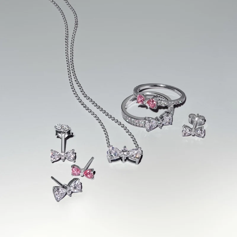 Pandora Timeless 925 Sterling Silver Sprankelende Roze Strik Oorknoppen 293505C01