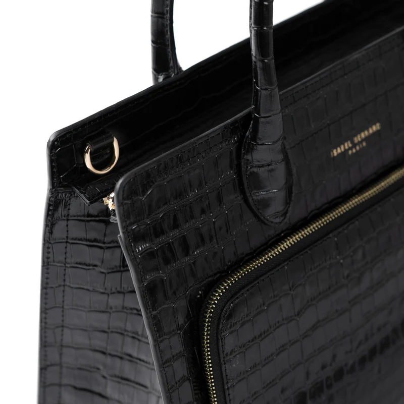 Isabel Bernard Honoré Nadine croco zwarte kalfsleren handtas met 13 inch laptopvak IB25110-201-13