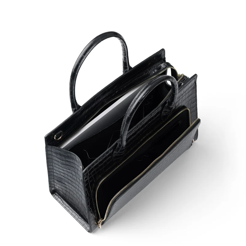Isabel Bernard Honoré Nadine croco zwarte kalfsleren handtas met 13 inch laptopvak IB25110-201-13