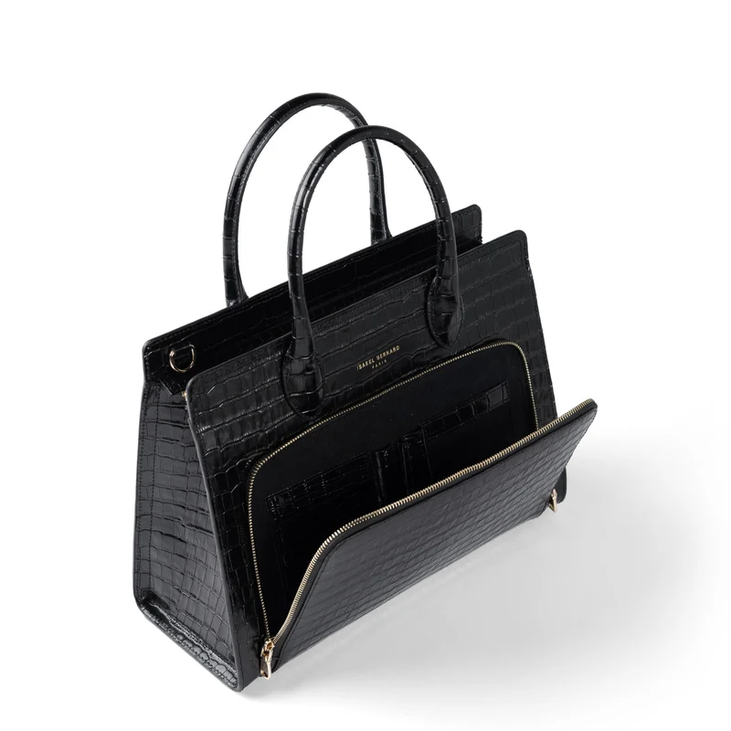 Isabel Bernard Honoré Nadine croco zwarte kalfsleren handtas met 13 inch laptopvak IB25110-201-13