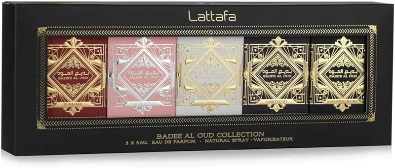 Lattafa Bade'e al Oud Collection Noble Blush 5 ML + Sublime 5 ML + Honor & Glory 5 ML + Amethyst 5 ML + Oud for Glory 5 ML EDP