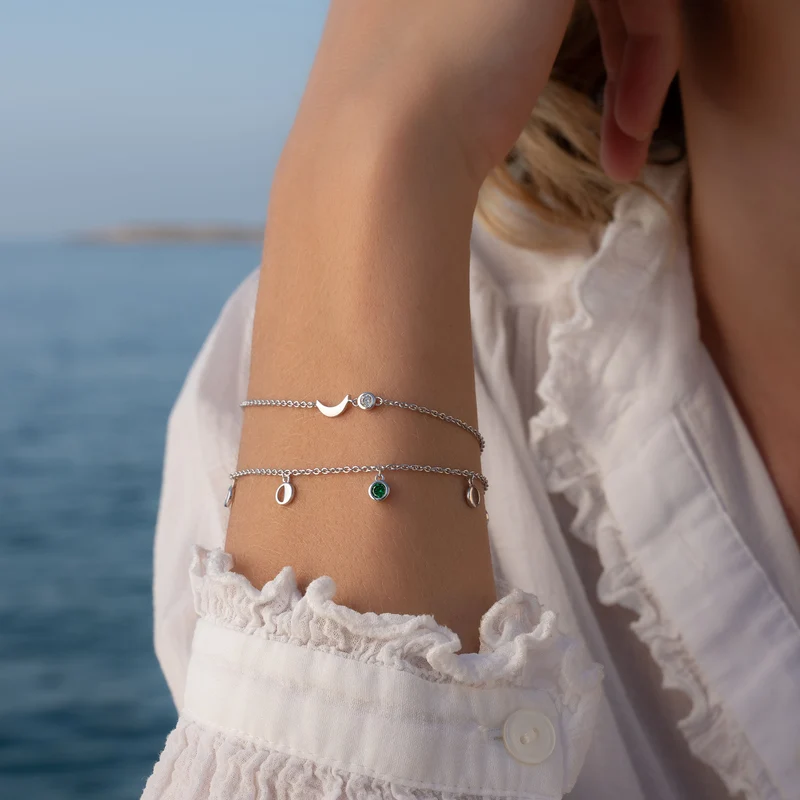 Violet Hamden Luna 925 Sterling Zilveren Armband met Manen en Groene Zirkonia Steentje VH320034