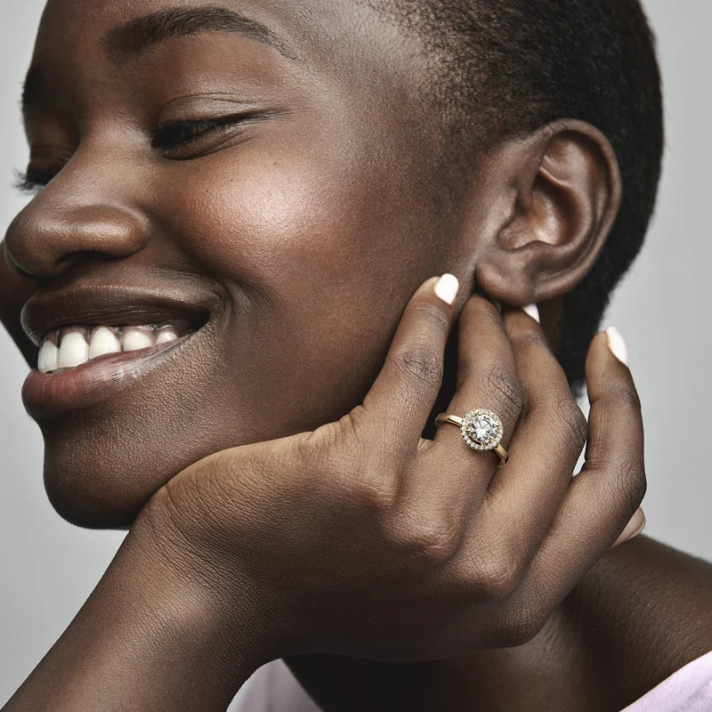 Pandora Timeless Gold-coloured Sparkling Round Halo Ring with 14 Carat Gold Plating 161234C01-52