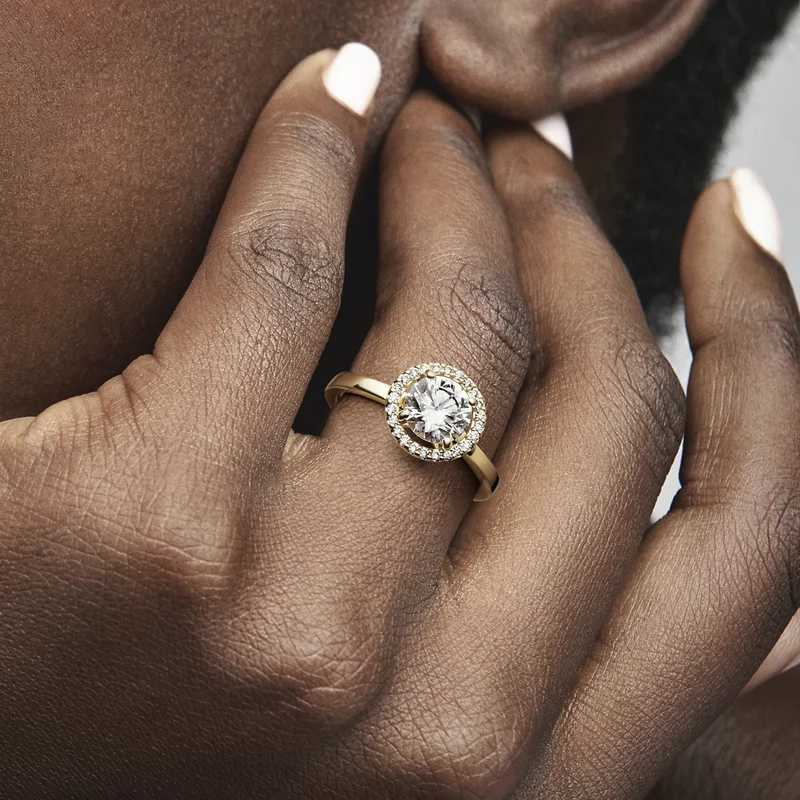 Pandora Timeless Gold-coloured Sparkling Round Halo Ring with 14 Carat Gold Plating 161234C01-52