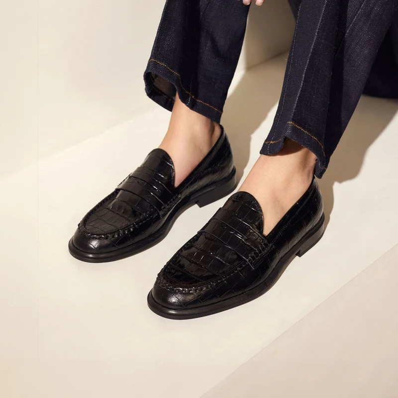 Isabel Bernard Vendôme Blandine Croco Zwarte Kalfsleren Loafers IB51015-201-38