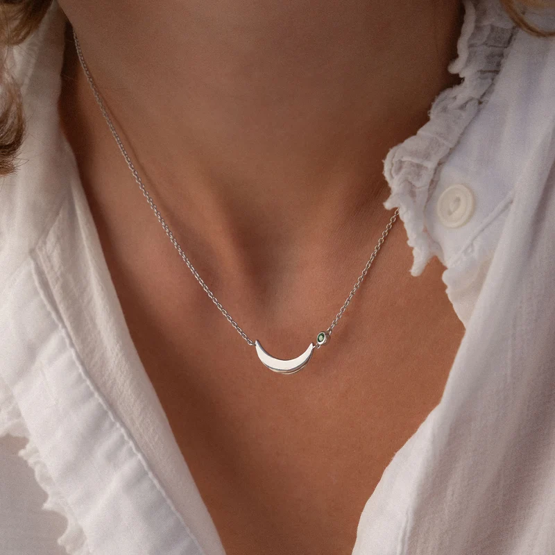 Violet Hamden Luna 925 Sterling Zilveren Ketting met Maan en Groene Zirkonia Steentje VH340037