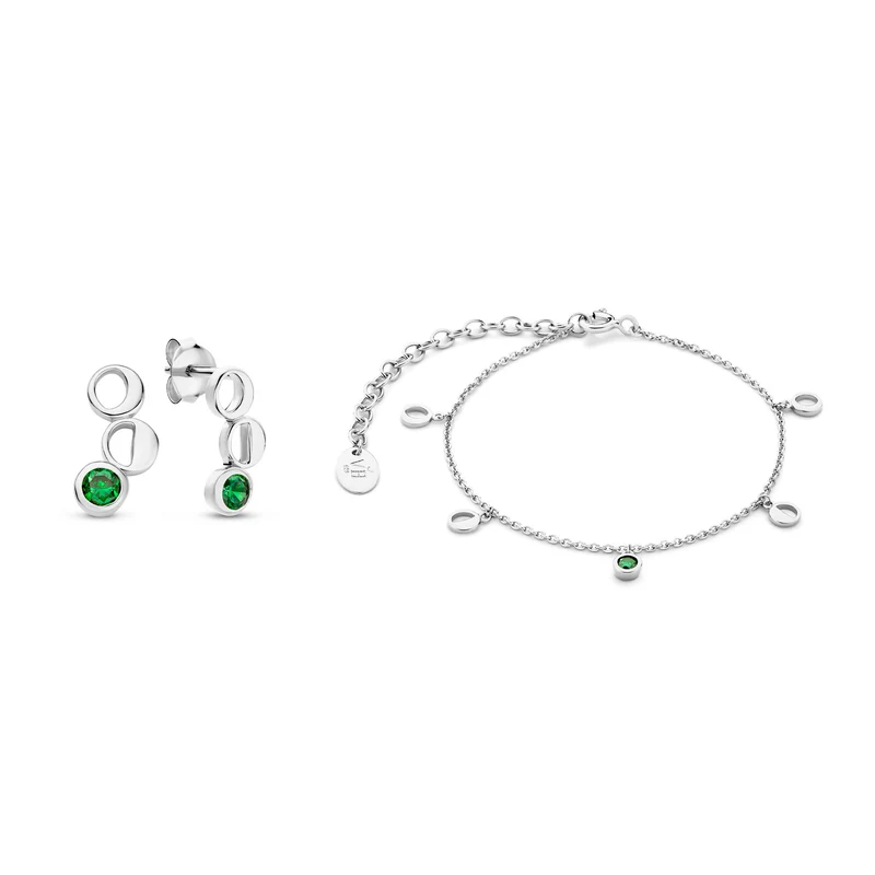 Violet Hamden Violet's Gift 925 Sterling Zilveren Armband en Oorknoppen Giftset met Groene Zirkonia Steentjes VH90061