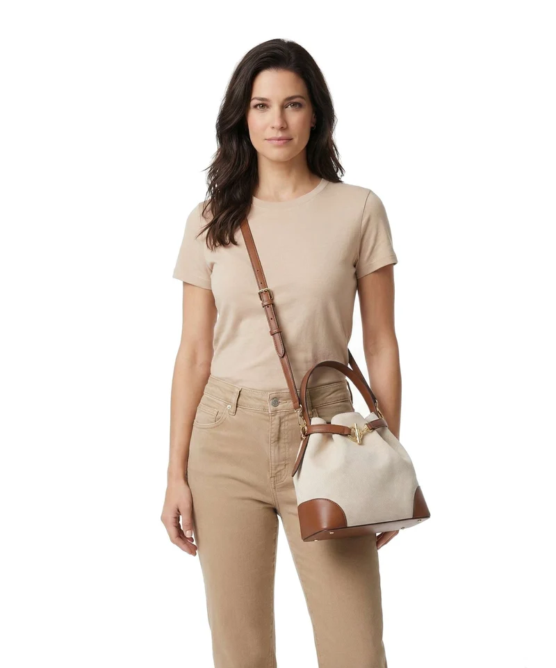 Lauren Ralph Lauren Blaike Medium Bucket bolso de mano natural/buff canvas/lauren tan